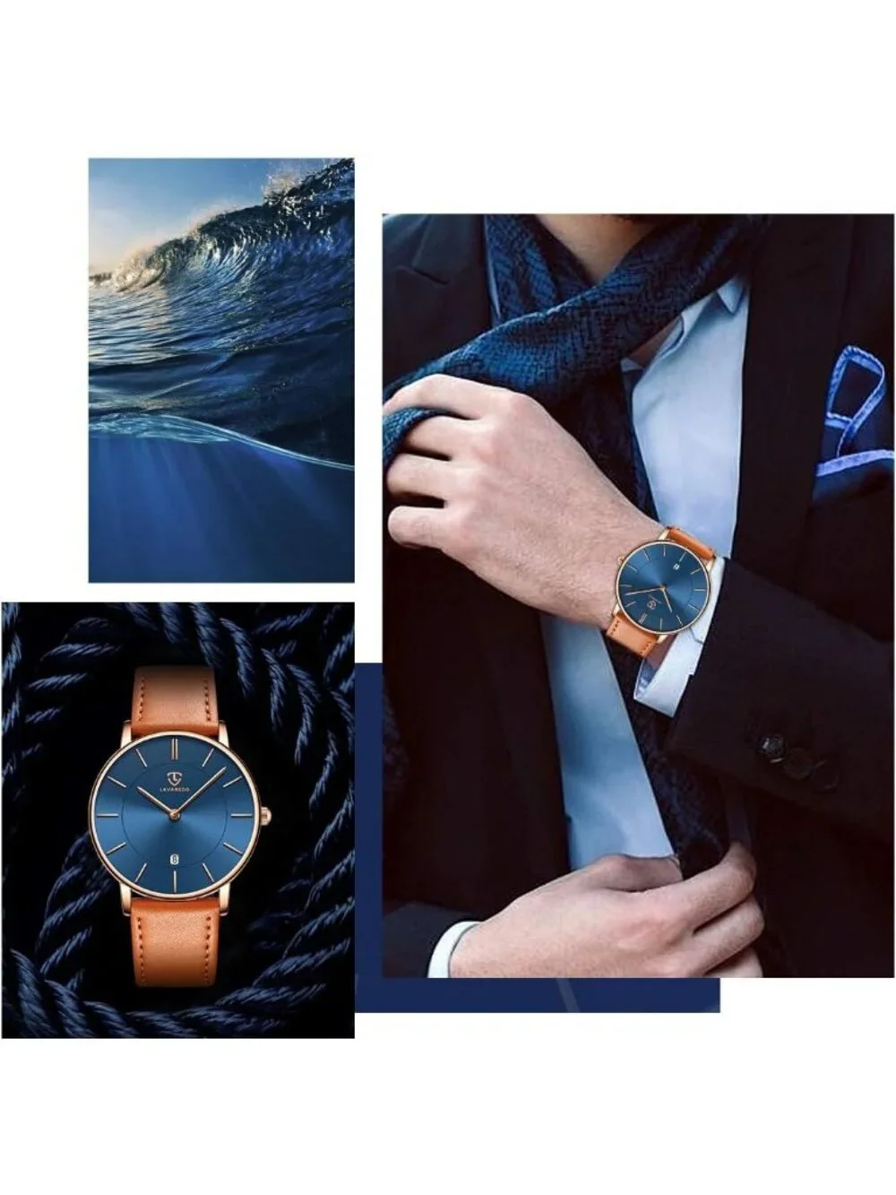 Men Blue Orange Leather Strap Analog Minimalist Fashion Simple Round Wrist Watch